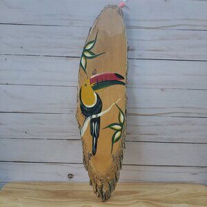 Hand Painted Toucan Wall Art On Natural Wood Bark Plaque Rustic Tropical Decor